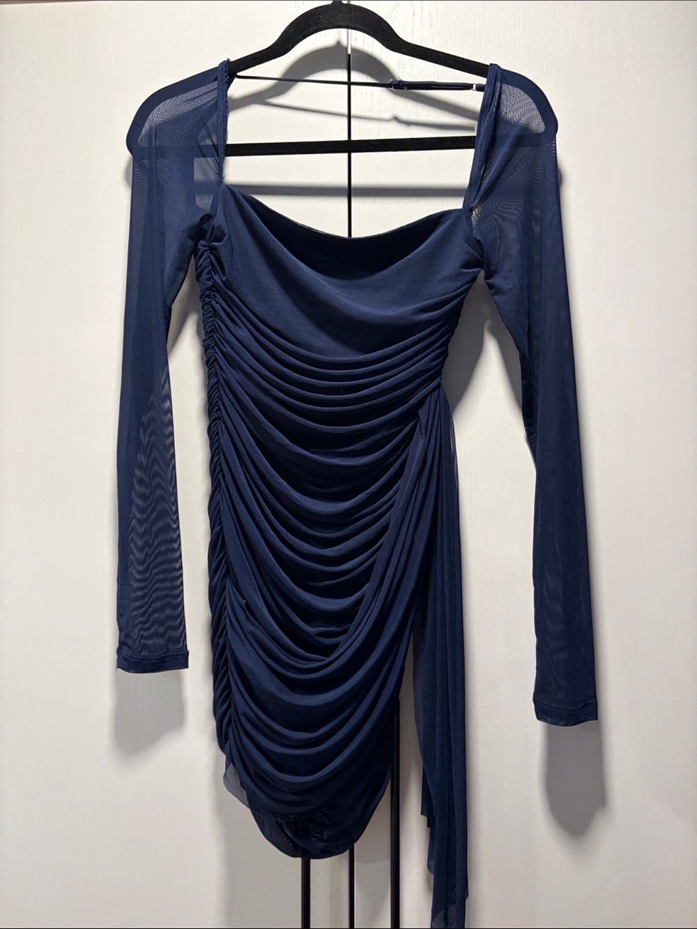 Lucy in the Sky Navy Ruched Mesh Long-Sleeve Midi Dress
